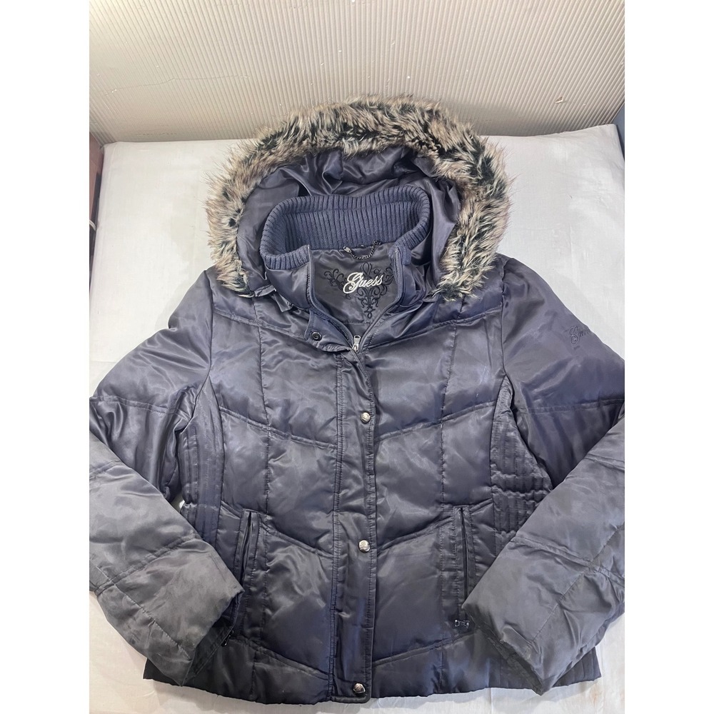 Guess Womens XL SMOKER Gray Quilted Puffer Jacket Faux Fur Removable Hood Coat
